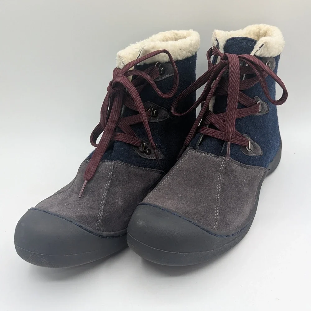 Muk Luks Womens Navy Blue Grey Faux Suede Fur Lined Winter Lace Up Boots Size 10